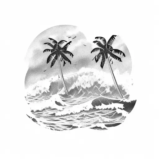 A beautiful coastal landscape of Iguape SP, the client's favorite place, with crashing waves and palm trees tattoo design idea