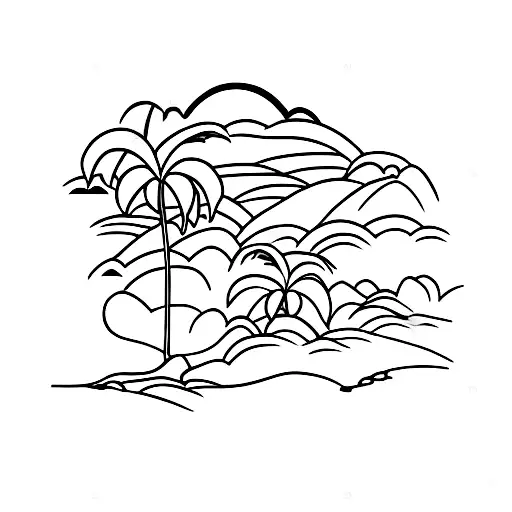 A beautiful coastal landscape of Iguape SP, the client's favorite place, with crashing waves and palm trees tattoo design idea