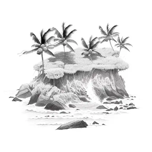A beautiful coastal landscape of Iguape SP, the client's favorite place, with crashing waves and palm trees tattoo design idea