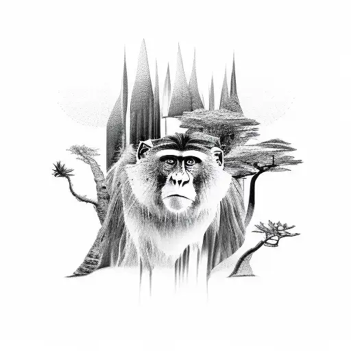 one line nature jungle trees waterfall mountains monkey hiking black and white abstract tattoo design idea