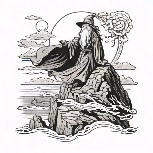 A mystical scene of Gandalf from Lord of the Rings standing on a cliff overlooking a vast ocean with old ships at sea in the background tattoo design idea
