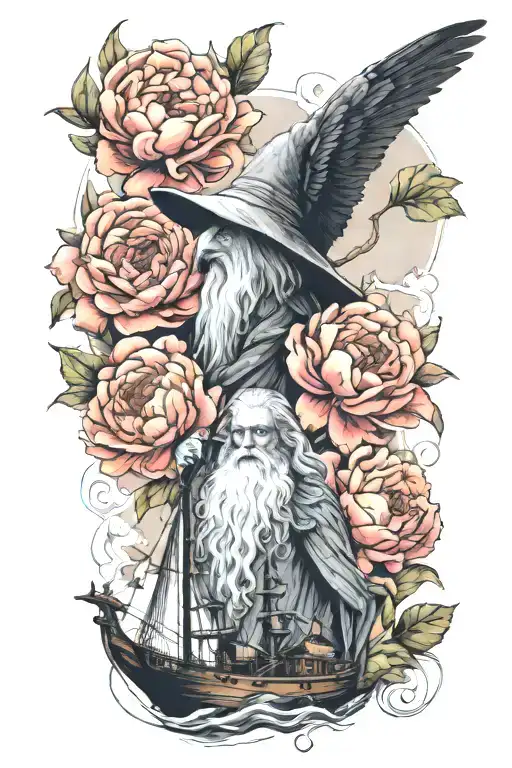 Gandalf, Raven, Old ship, peony flower tattoo design idea