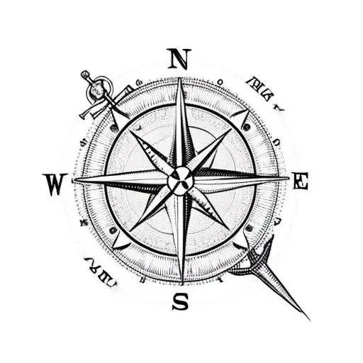 nautical tattoo with vintage compass, map, anchor, ropes of ship sails tattoo design idea