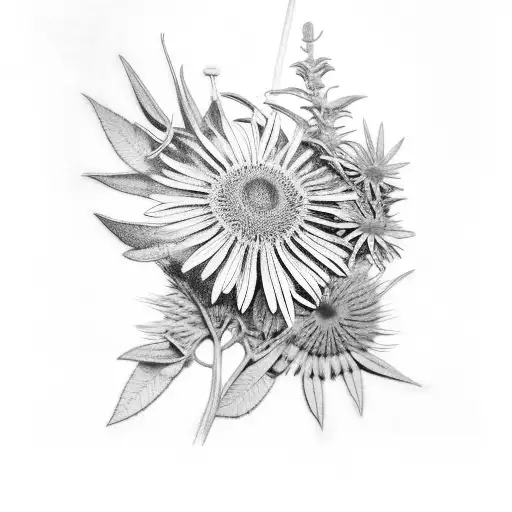 wrapping vine around arm that has rosemary, Echinacea, willow, chamomile, lavendar, sage, mint, marijuana tattoo design idea