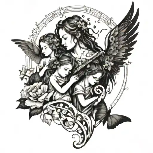 An intricate design of a family of 3 surrounded by angel wings and butterflies, with music notes flowing through the scene tattoo design idea