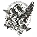 An intricate design of a family of 3 surrounded by angel wings and butterflies, with music notes flowing through the scene tattoo design idea