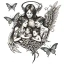 An intricate design of a family of 3 surrounded by angel wings and butterflies, with music notes flowing through the scene tattoo design idea