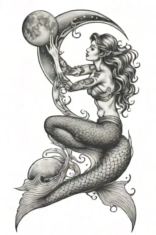 mermaid stirring on the moon hanging over the water tattoo design idea