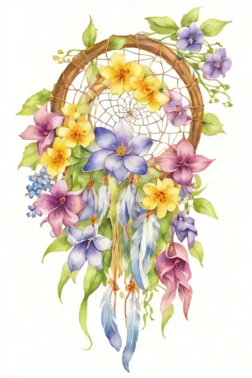 Violets, daisies and lilies of the valley with a dream catcher without anything else tattoo design idea