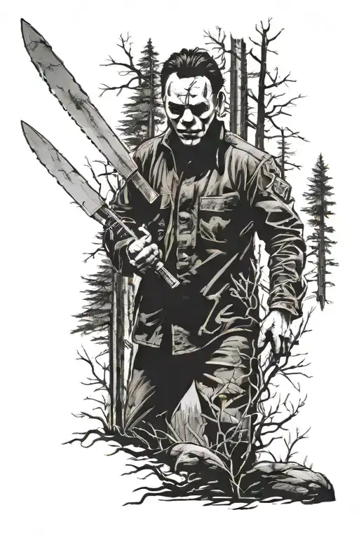 Michael Myers with knife and forest scene tattoo design idea