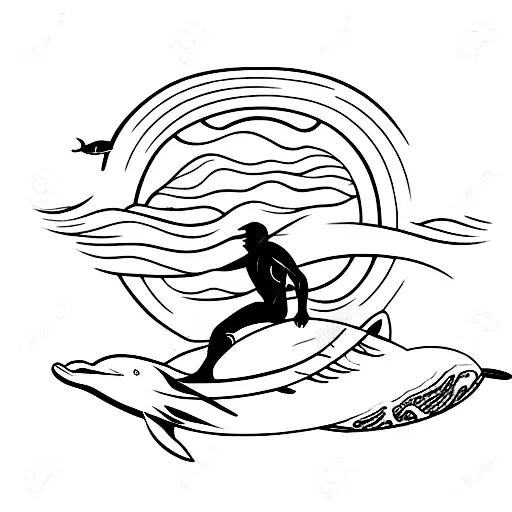 A surfer riding a wave with a dolphin swimming alongside tattoo design idea