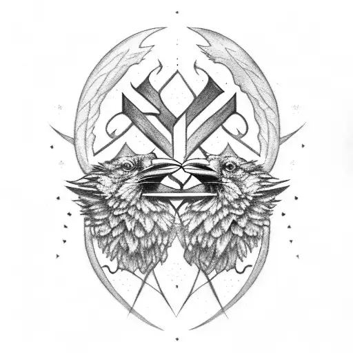 2 ravens with Nordic runes tattoo design idea