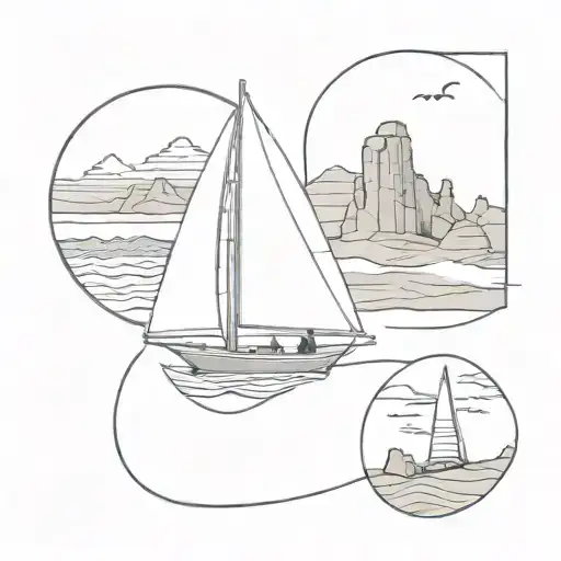 a collage of a small sailboat, classical guitar, delicate arch from arches national park tattoo design idea