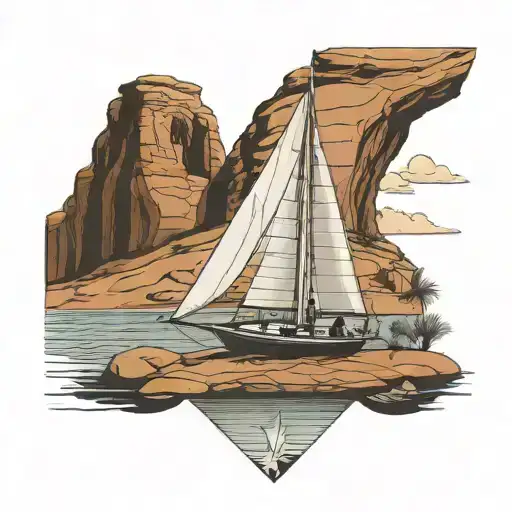 a mix of a small sailboat, classical guitar, delicate arch from arches national park tattoo design idea
