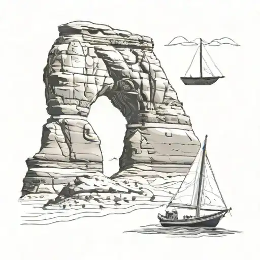 a collage of a small sailboat, classical guitar, delicate arch from arches national park tattoo design idea