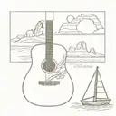 a collage of a small sailboat, classical guitar, delicate arch from arches national park tattoo design idea