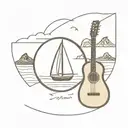 a collage of a small sailboat, classical guitar, delicate arch from arches national park tattoo design idea