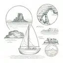 a collage of a small sailboat, classical guitar, delicate arch from arches national park tattoo design idea