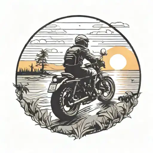 A motorcycle riding through a campsite at sunset with a serene ocean in the background tattoo design idea