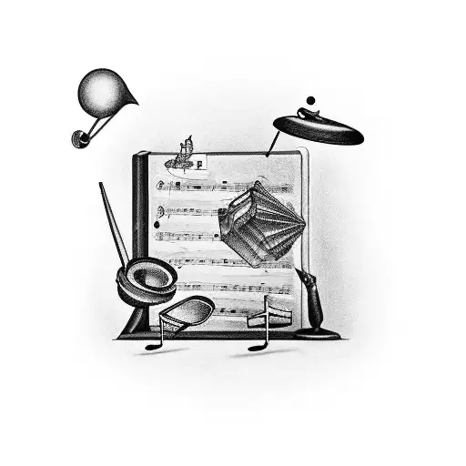 A teacher's desk with musical instruments and sheet music on top tattoo design idea