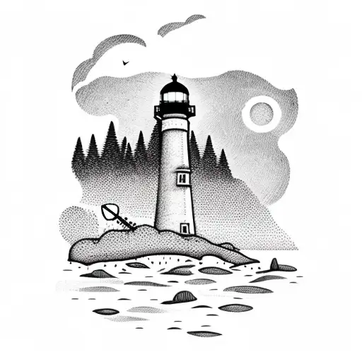 Forest with a beach and lighthouse on it with an anchor tattoo design idea