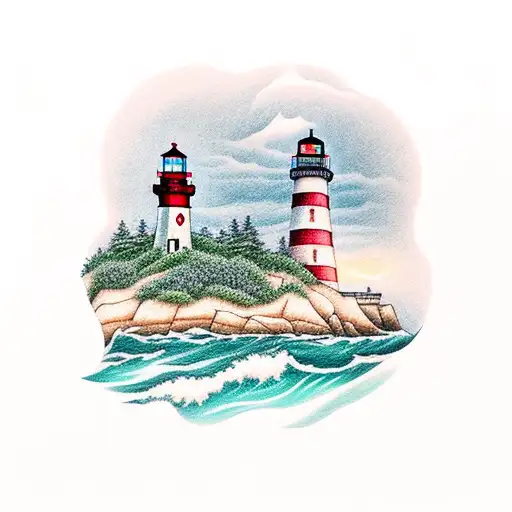 Forest with a beach and lighthouse on it with an anchor tattoo design idea