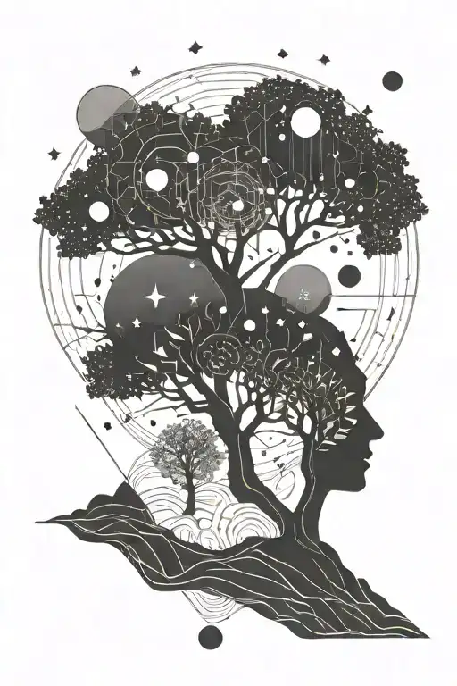 tree and planets and stars tattoo design idea