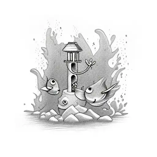 wishing well with fish jumping out tattoo design idea