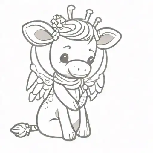 sad  plain cute giraffe teddy bear with angel wings and a halo  sitting  tattoo design idea