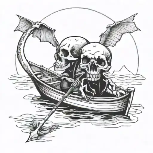 skull 2 ostriches fishing on a boat floating tattoo design idea