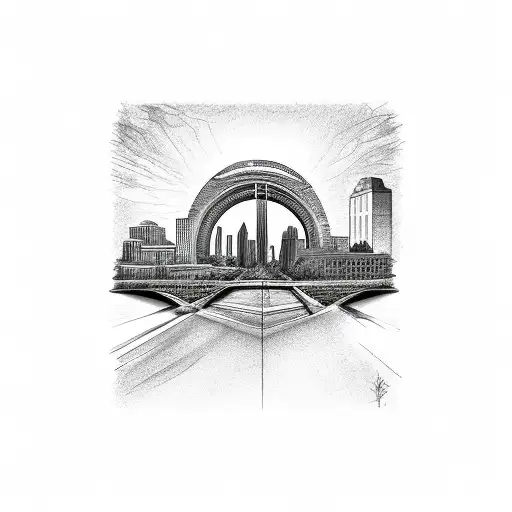 The Minneapolis skyline viewed from the stone arch bridge, with a twist of surrealism and swag tattoo design idea