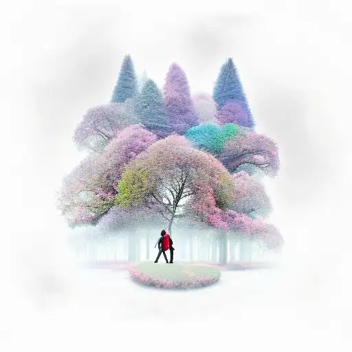 A wanderer walking through a forest of time, with each tree representing a different moment of the present tattoo design idea