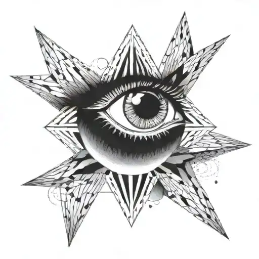 microrealism with black hole at the center. With geometric lines. With the fallen angel eyes only. With mountain and sea tattoo design idea