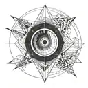 microrealism with black hole at the center. With geometric lines. With the fallen angel eyes only. With mountain and sea tattoo design idea