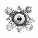 microrealism with black hole at the center. With geometric lines. With the fallen angel eyes only. With mountain and sea tattoo design idea