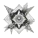 microrealism with black hole at the center. With geometric lines. With the fallen angel eyes only. With mountain and sea tattoo design idea