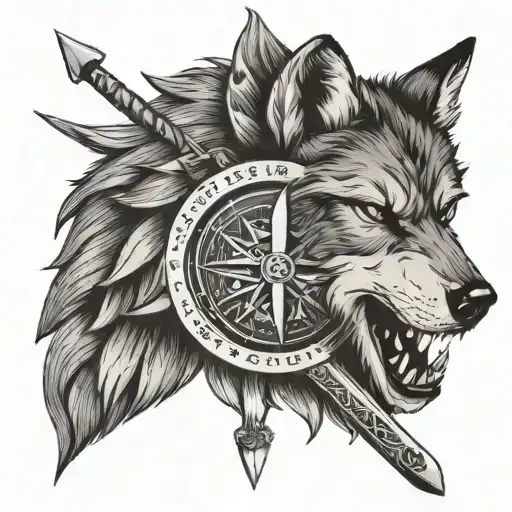 a fierce wolf head with a viking compass and axe in the background.  tattoo design idea