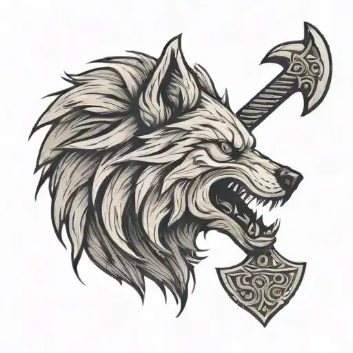 A stylized wolf head with a viking axe embedded in its fur, symbolizing strength and power tattoo design idea
