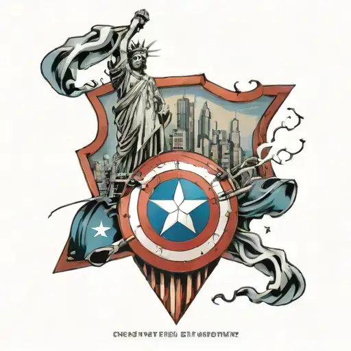Captain America’s Shield with New York skyline and Statue of Liberty on the inside of the shield tattoo design idea