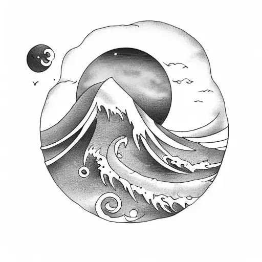 A black-grey tattoo showcasing a serene beach with crashing waves under a beautiful moonlit sky tattoo design idea