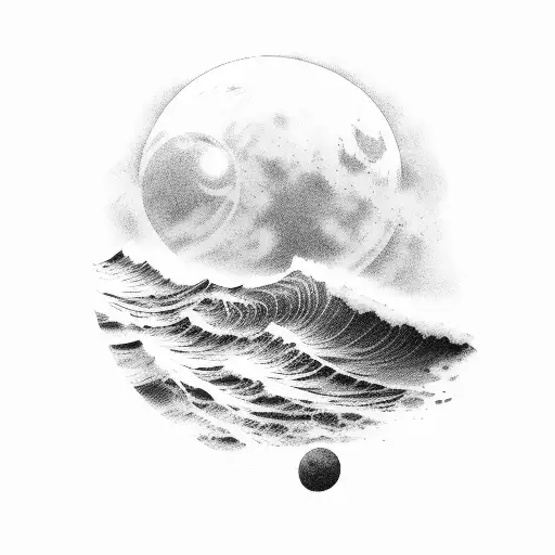 A black-grey tattoo showcasing a serene beach with crashing waves under a beautiful moonlit sky tattoo design idea