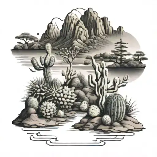 Japanese landscape filled with cacti tattoo design idea