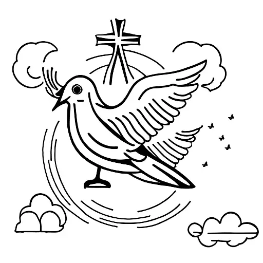 2 doves and an angel with crosses and clouds tattoo design idea