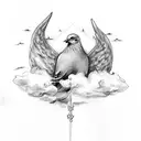 2 doves and an angel with crosses and clouds tattoo design idea