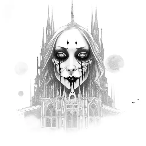 woman's face with blacked out eyes fading with gothic architecture building with multiple spires above. horror tattoo design idea