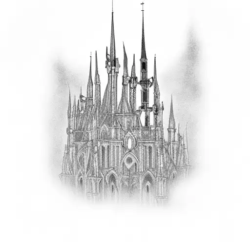 gothic building lots of spires. horror. dark blacks tattoo design idea