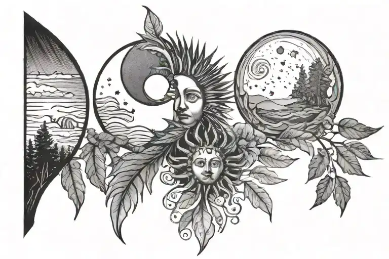 Sun above the sea and Moon above the forest tattoo design idea