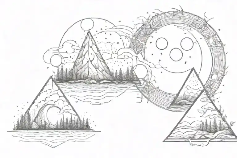 In one triangle: Sun above the sea, in second triangle: Moon under the forest tattoo design idea