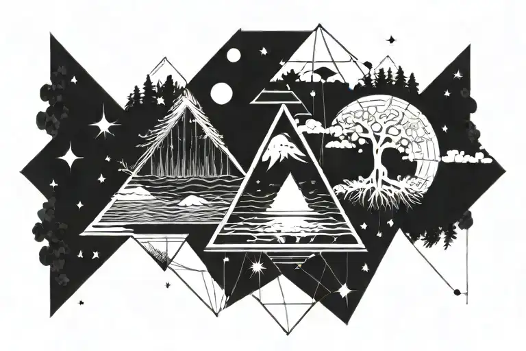 In one triangle: Sun above the sea, in second triangle: Moon under the forest tattoo design idea
