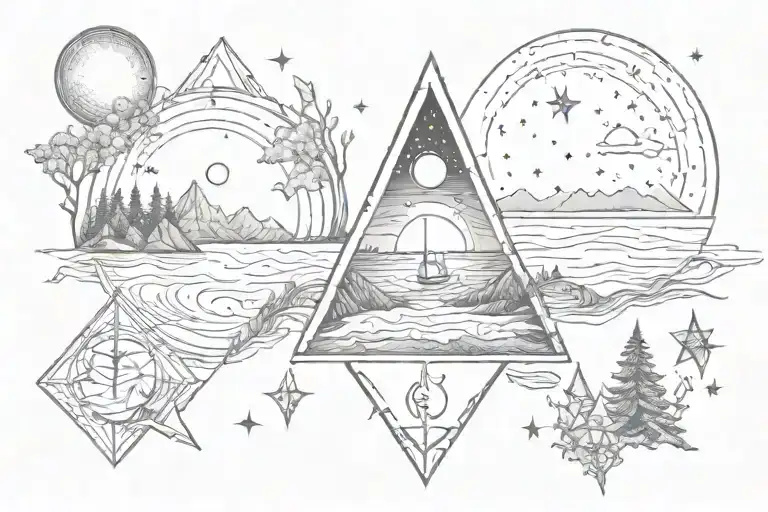 In one triangle: Sun above the sea, in second triangle: Moon under the forest tattoo design idea